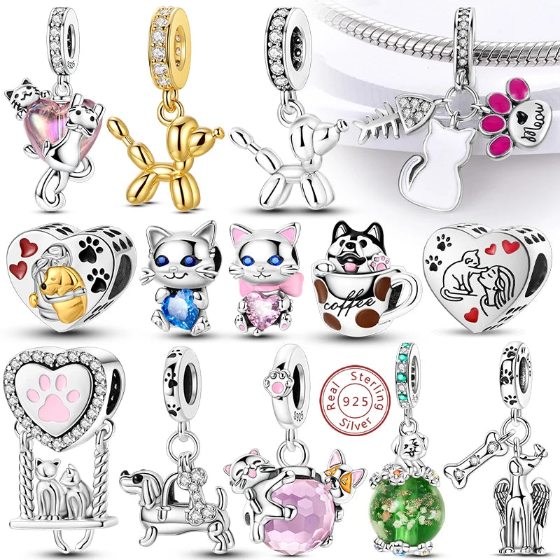 Charms 925 Sterling Silver Dog Cat Paw Print Love Pets Charms Beads Fit Original Bracelets Necklaces Pendant Women DIY Jewelry