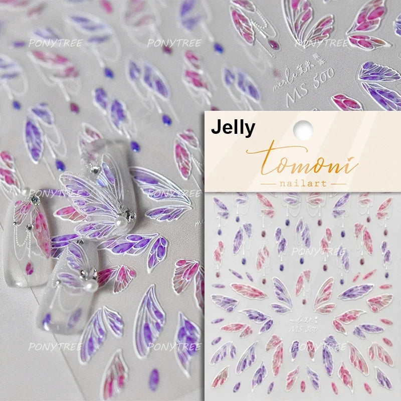 Shiny Laser Black Translucent Butterfly Dragonfly Insects Wings 3D Jelly Nail Art Sticker Angel Pearl Rhinestone Manicure Decals