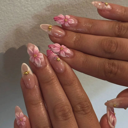 24pcs wearable false nail kit, randomly shipped; almond-shaped pearl starlight false nails; artistic flower press-on nails.