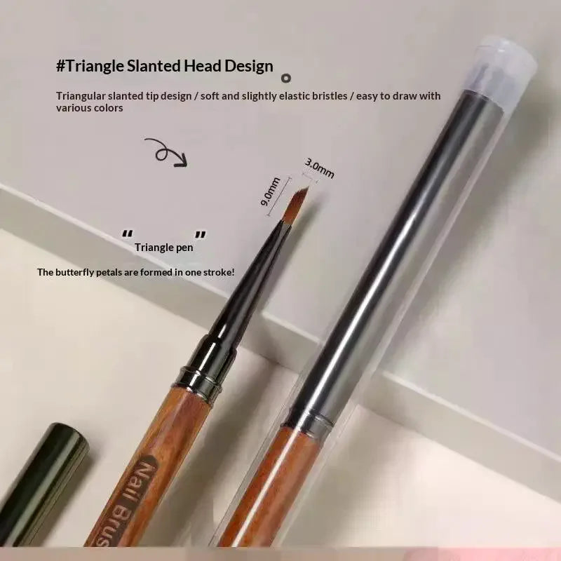 Round Wood Handle Triangular Petal Nail Brush Acrylic Nail Art Liner Brush Stripes Grid Flower Painting Drawing PenManicure Tool