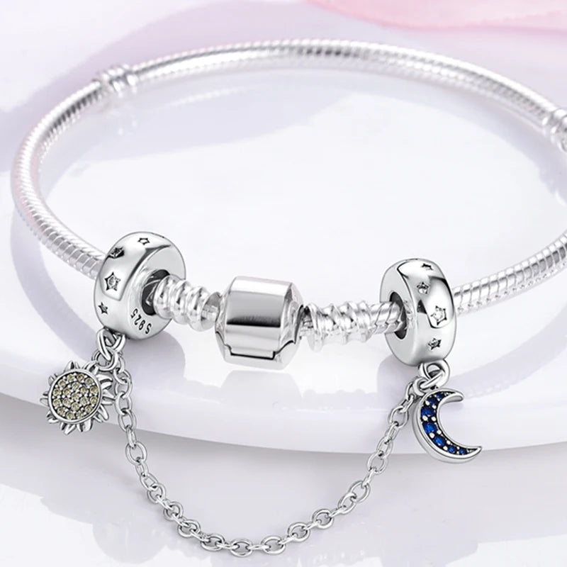 925 Sterling Silver Star Moon Safety Chain Charms Bead Fit 3mm Original Bracelet DIY Women Exquisite Anniversary Jewelry Gifts