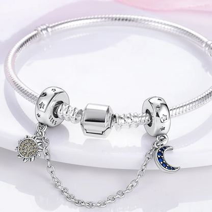 925 Sterling Silver Star Moon Safety Chain Charms Bead Fit 3mm Original Bracelet DIY Women Exquisite Anniversary Jewelry Gifts