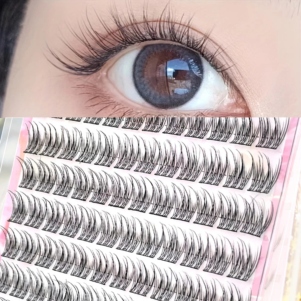 110PCS No Glue Triple Fish Tail Lashes, Self-Adhesive Design, Ultra Slim Black Stem, Natural Transparent Look,