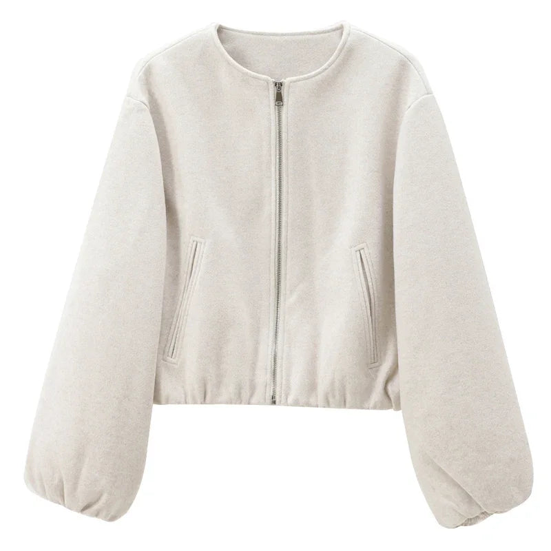 HXAO Women's Bomber Jacket Retro O Neck Soft Cropped Jacket Elastic Hem Zipper Woman Short Coats Female Outerwears 2025 Spring