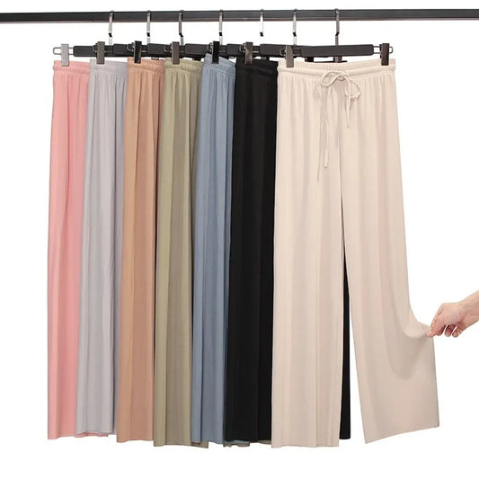 2026 Women Ankle-Length Wide Leg Pants Casual Summer Solid Elastic Waist Loose Ice Silk Pants Spring Summer Female Trousers
