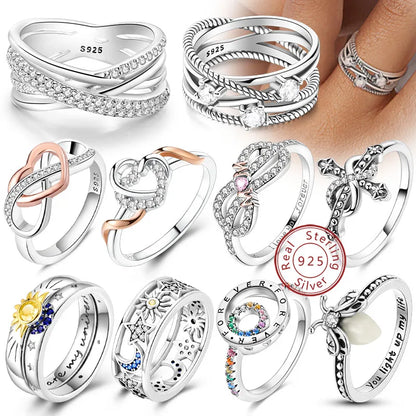 Rings Original 925 Sterling Silver Rings Bow Heart Sun Moon Star Zircon Rings For Women Jewelry Birthday Anniversary Gifts