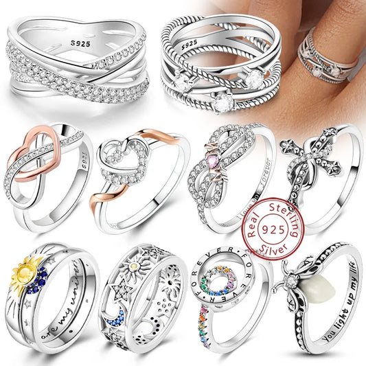Rings Original 925 Sterling Silver Rings Bow Heart Sun Moon Star Zircon Rings For Women Jewelry Birthday Anniversary Gifts