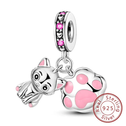 Charms 925 Sterling Silver Dog Cat Paw Print Love Pets Charms Beads Fit Original Bracelets Necklaces Pendant Women DIY Jewelry