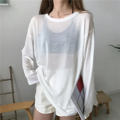 Sheer T-shirts Women Loose Korean Fashion Summer Sun-proof Leisure Clean Fit All-match Long Sleeve Breathable Lazy Ulzzang 2XL