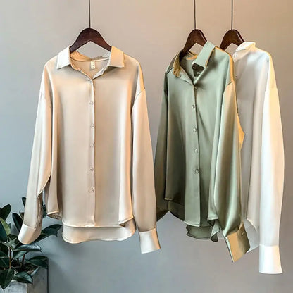 Satin Finish Long Sleeve Shirts Tops Fashion Women Single Breasted Lapel New Blouses Casual Office Lady Commute French Outwear