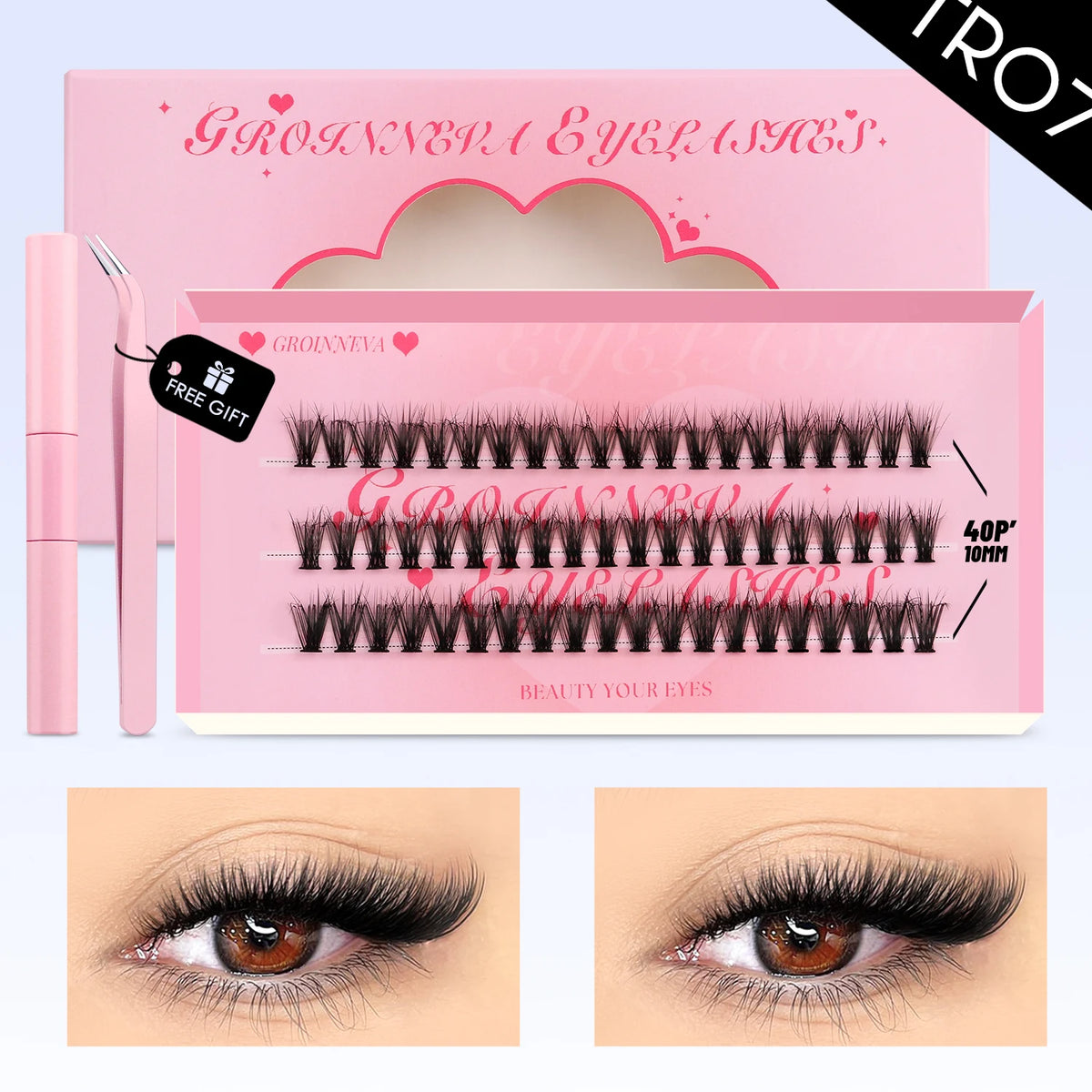 GROINNEYA DIY Lash Clusters Kit Mixed Tray Eyelash Extension Full Set Individual Lashes with Lash Bond&Seal and Tweezers Tool