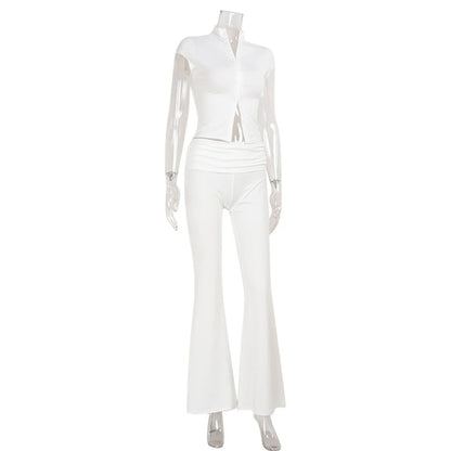 Women Fashion Sexy Short Sleeves Suit Casual Sheath Hollow Out 2 Pieces (Tops+Long Pant) Matching Sets Female Street Tracksuit