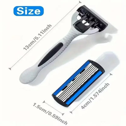 Men's Manual Safety Razor 6-Layer Stainless Steel Blade Replaceable Razor Head Grooming Tool for Smooth Shave