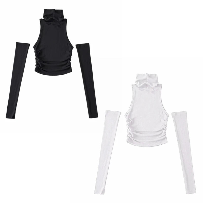 Woman Clothes Fall 2025 Tank Top Sleeve Cover Sleevless Side Pleats Turtleneck T-shirt  Sexy Ribbed Knitted Tops Y2k 2529
