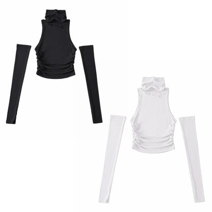 Woman Clothes Fall 2025 Tank Top Sleeve Cover Sleevless Side Pleats Turtleneck T-shirt  Sexy Ribbed Knitted Tops Y2k 2529