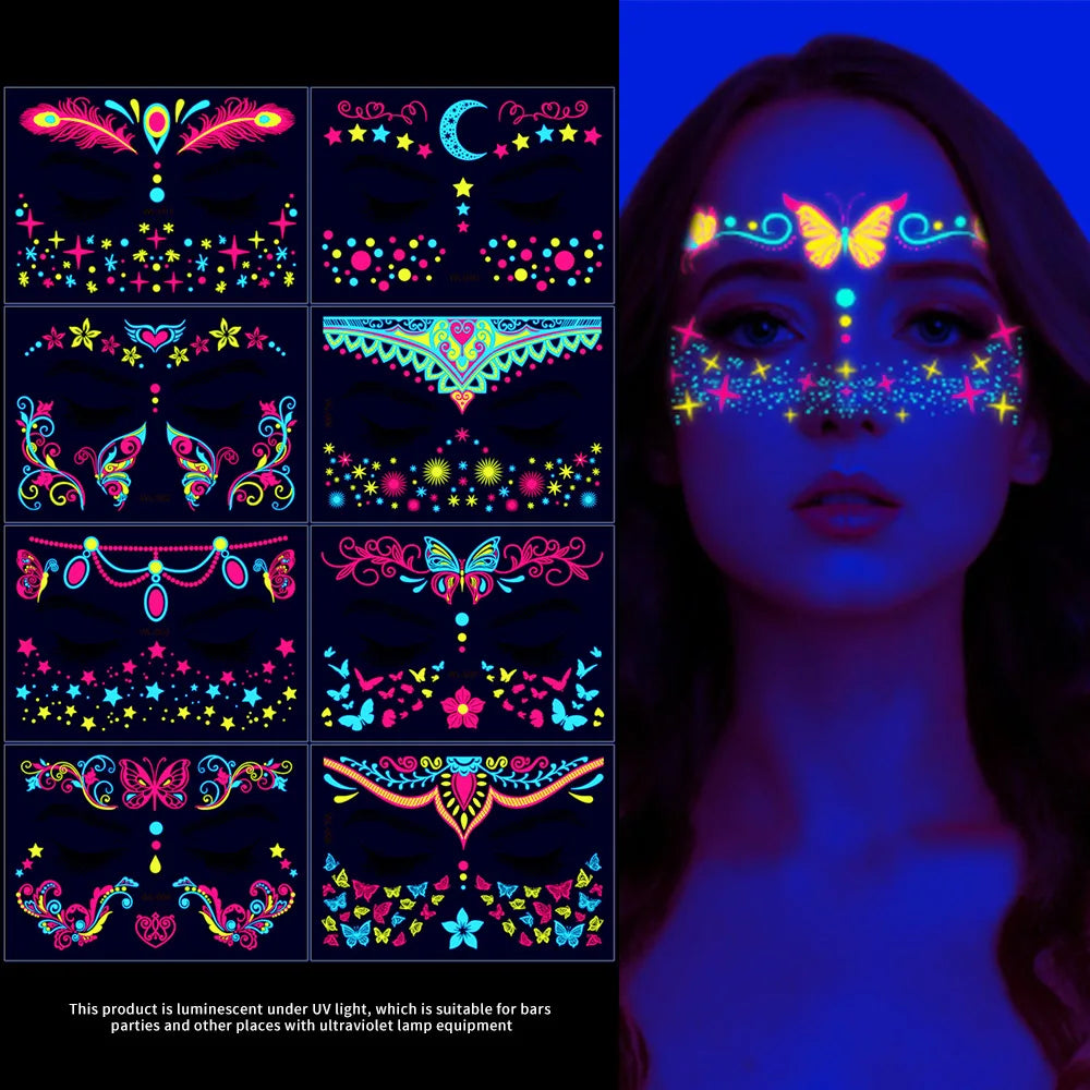 Halloween Luminous Temporary Tattoos Stickers UV Glow Fluorescent in the Dark For Body Face Tattoo Stickers Party Accessorie