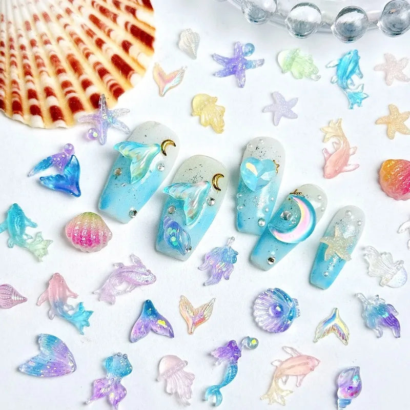 50PCS 3D Creative Simulated Conch Shell Nail Charms Colorful Translucent Jellyfish Ocean Series Resin Nail Art Decorations 2030