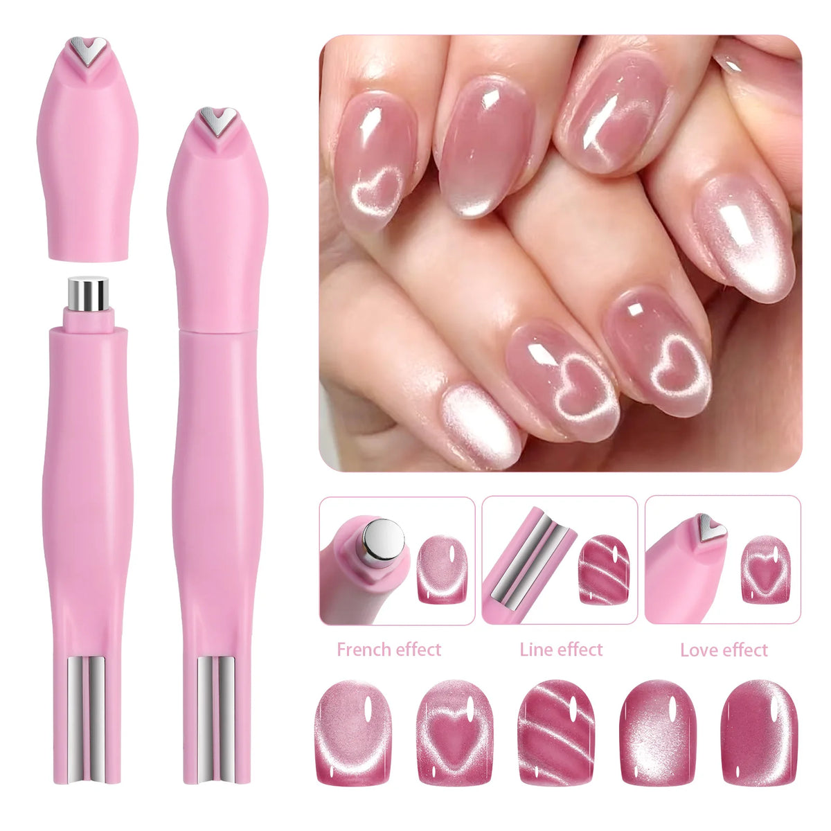 1Pcs 3-In-1 Heart Shape Cat Eye Nail Art Magnet Double Line Moon Snake French Magnet Pen for Magnetic Gel Polish Manicure Tools