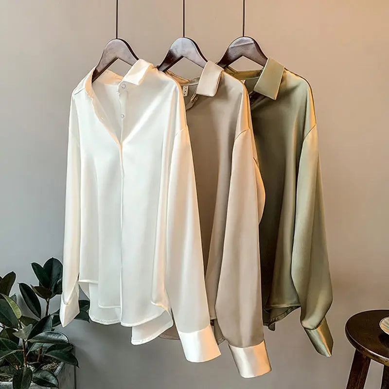 Satin Finish Long Sleeve Shirts Tops Fashion Women Single Breasted Lapel New Blouses Casual Office Lady Commute French Outwear