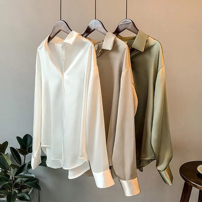 Satin Finish Long Sleeve Shirts Tops Fashion Women Single Breasted Lapel New Blouses Casual Office Lady Commute French Outwear