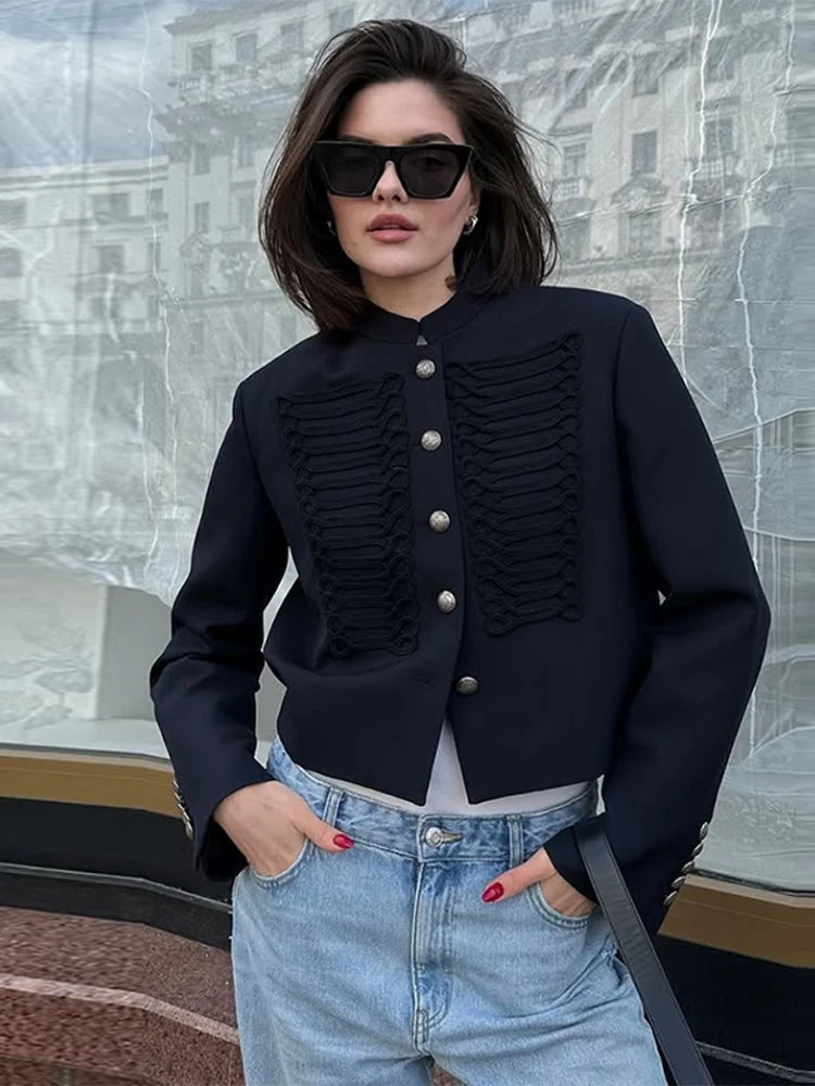 Chic Women's Cropped Jacket Stand Collar Single Breasted Long Sleeve Female Coat 2026 Spring Slim Fashion Solid Lady Outwear