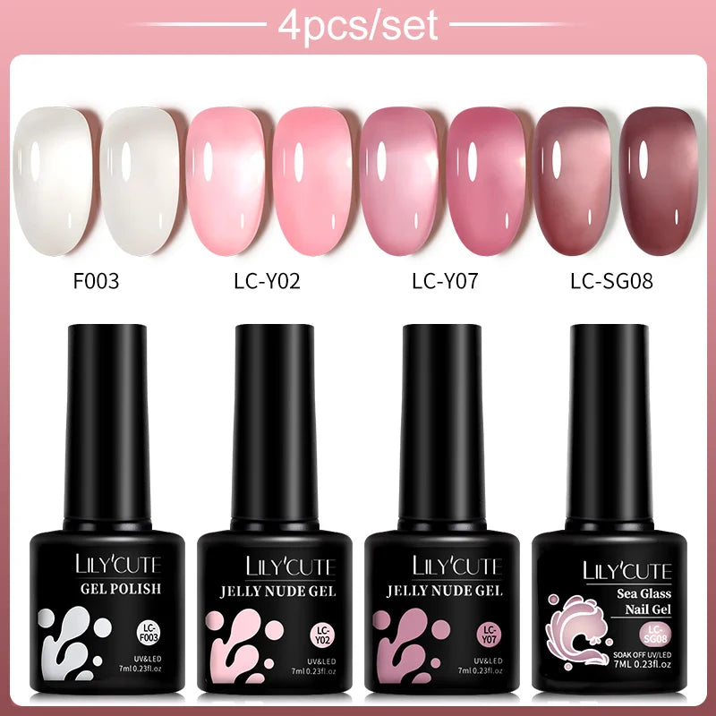 LILYCUTE 4/5Pcs/Set 7ML Nude Pink Gel Nail Polish and Translucent Jelly Nail Art Gel Semi Permanent Soak Off Design Manicure Set