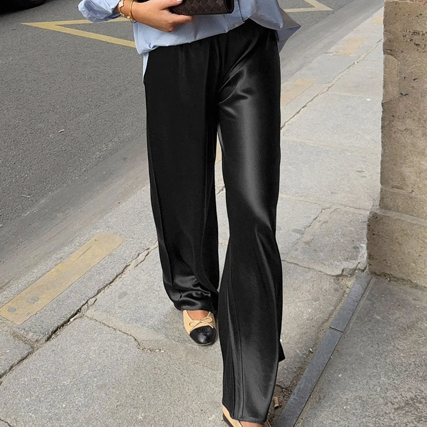 Linad Elegant Brown Satin Wide Leg Pants Women Autumn Fashion Beige High Waist Trousers Street Chic Silk Long Pants Female 2025