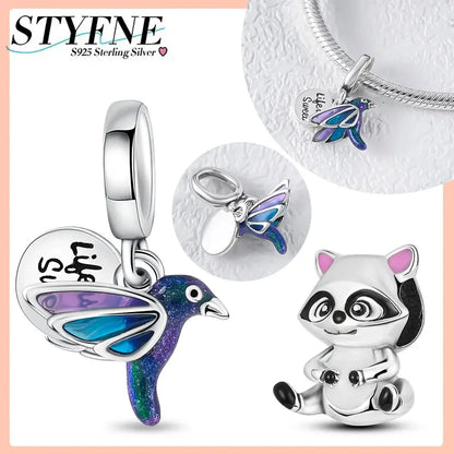 925 Sterling Silver Rainbow Woodpecker Animal Pendant with Elephant Bead for DIY Bracelet Making Birthday Gift Idea