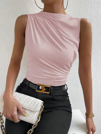 Fashion Casual Mock Neck Ruched Tank Top for Women Summer 2024 Solid Color Pleated Sleeveless Tee Shirt Tshirt Streetwear Y2K