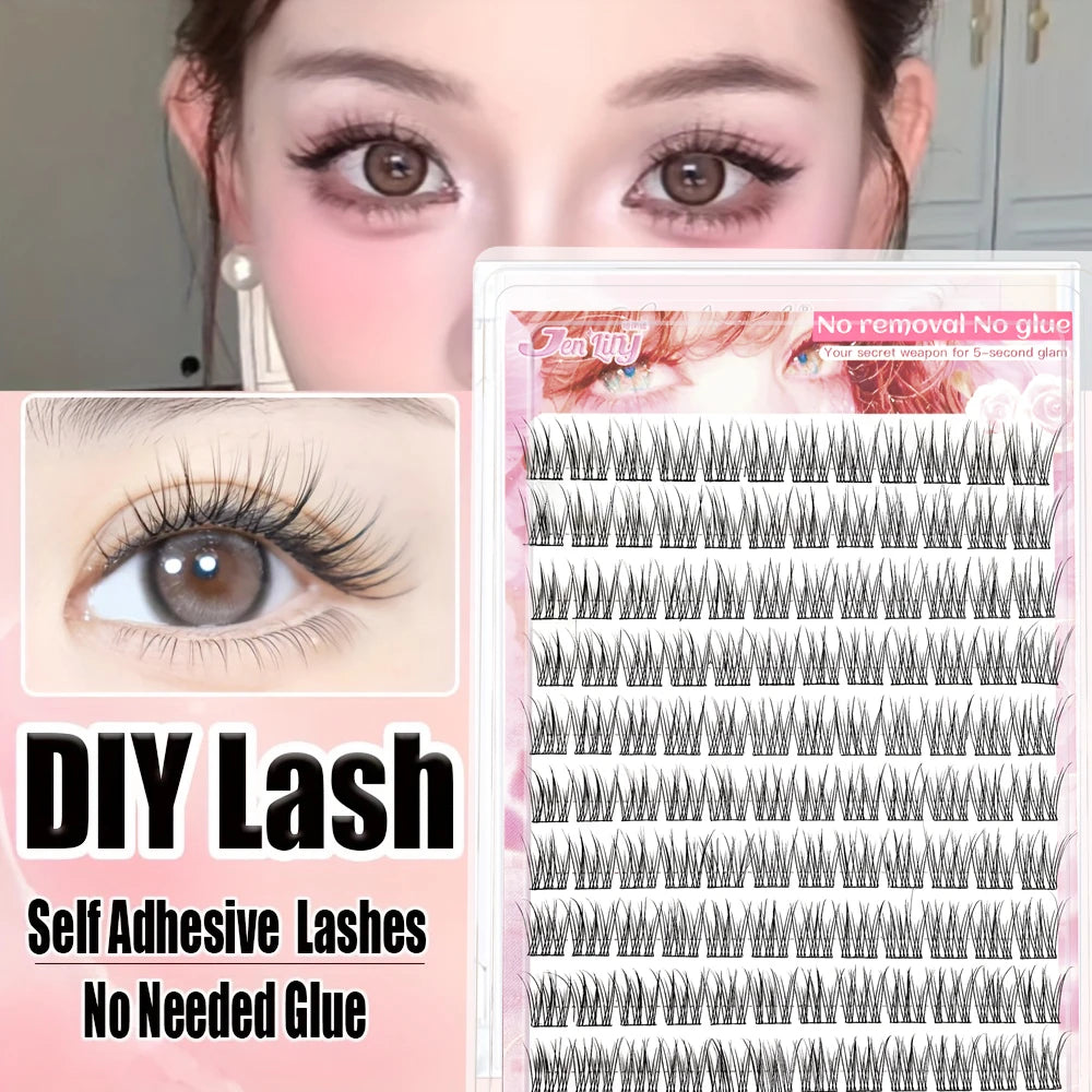110PCS No Glue Triple Fish Tail Lashes, Self-Adhesive Design, Ultra Slim Black Stem, Natural Transparent Look,