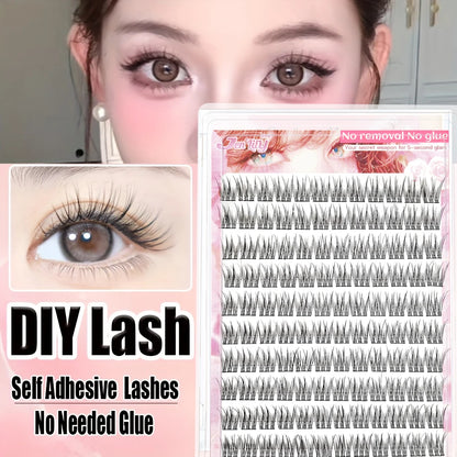 110PCS No Glue Triple Fish Tail Lashes, Self-Adhesive Design, Ultra Slim Black Stem, Natural Transparent Look,