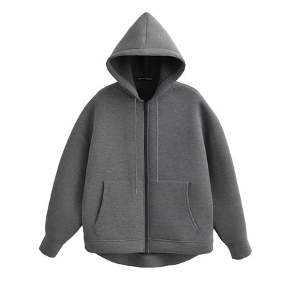HH Autumn Women Gray Jacket With Hood Long Sleeve Big Pocket Zipper Jacket Coat Woman Loose Casual Outerwear Coat Tops