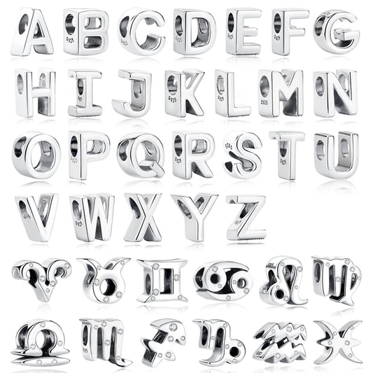 Original 925 Sterling Silver Charms Beads 12 Zodiac A-Z Letters Virgo Aries Fit Brand Bracelets Necklaces Jewelry For Women