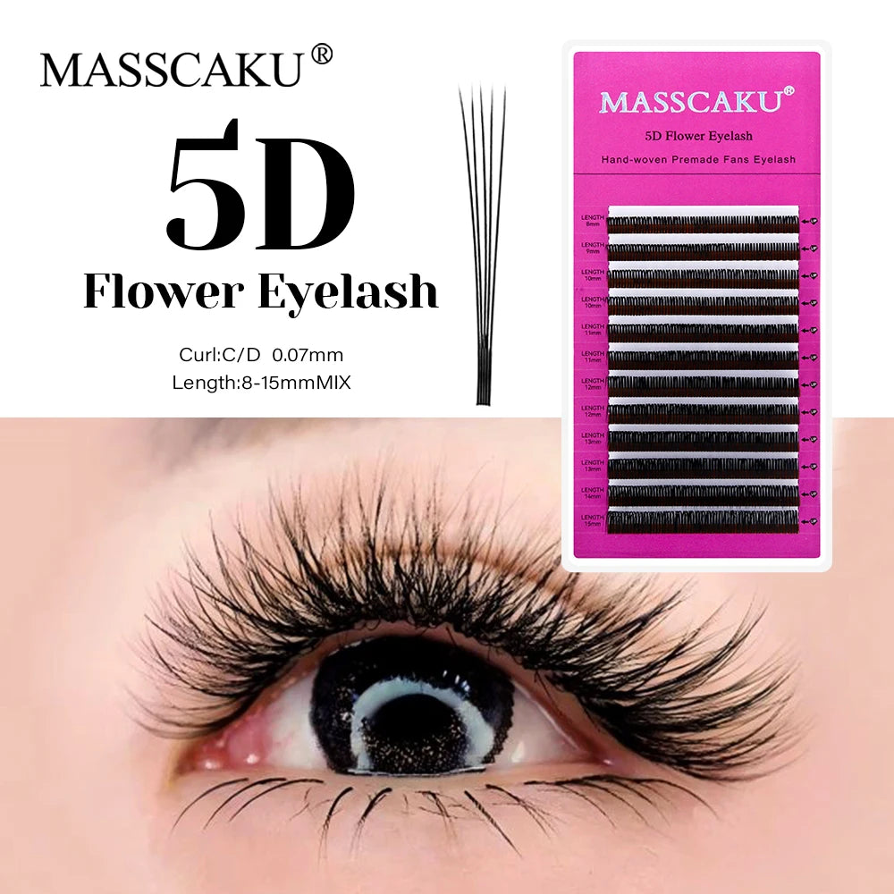 MASSCAKU 5D Flower Eyelashes Extensions Mix Length C D Curl Full Dense Lash Premade Volume Spikes Cilia Extension Beauty Makeup