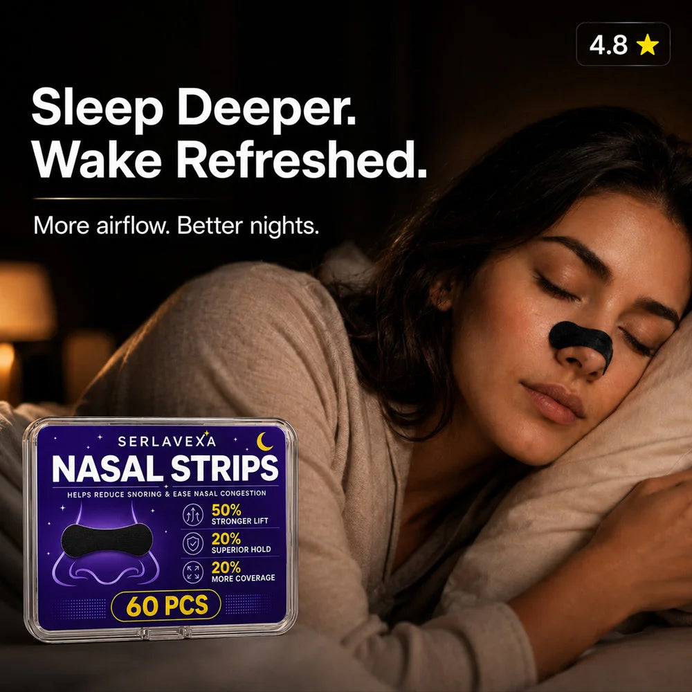 SERLAVEXA Nasal Strips 60PCS Black Self Adhesive Nose Patches for Comfortable Breathing During Sleep Sports and Travel