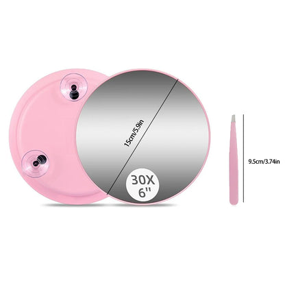 6-inch Magnification Mirror - 30X Suction Cup Mirror with Tweezers, Perfect for Travel and Home Use - Portable Handheld with 3 S