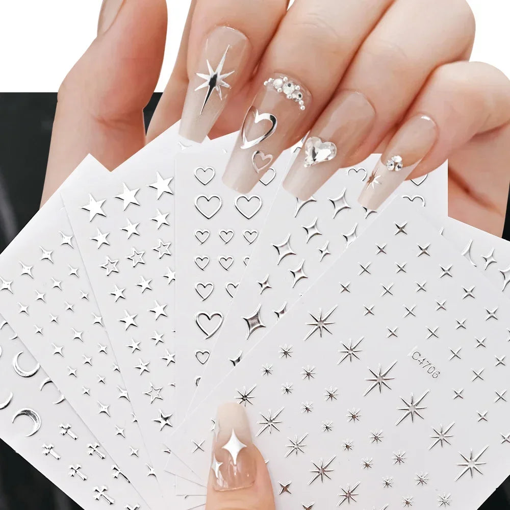 Metallic Silver 3D Star Chain Heart Nail Stickers 6 Sheets Self Adhesive Decals Professional Salon DIY Gel Nail Art Supply
