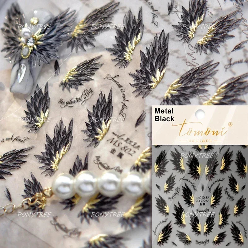Shiny Laser Black Translucent Butterfly Dragonfly Insects Wings 3D Jelly Nail Art Sticker Angel Pearl Rhinestone Manicure Decals