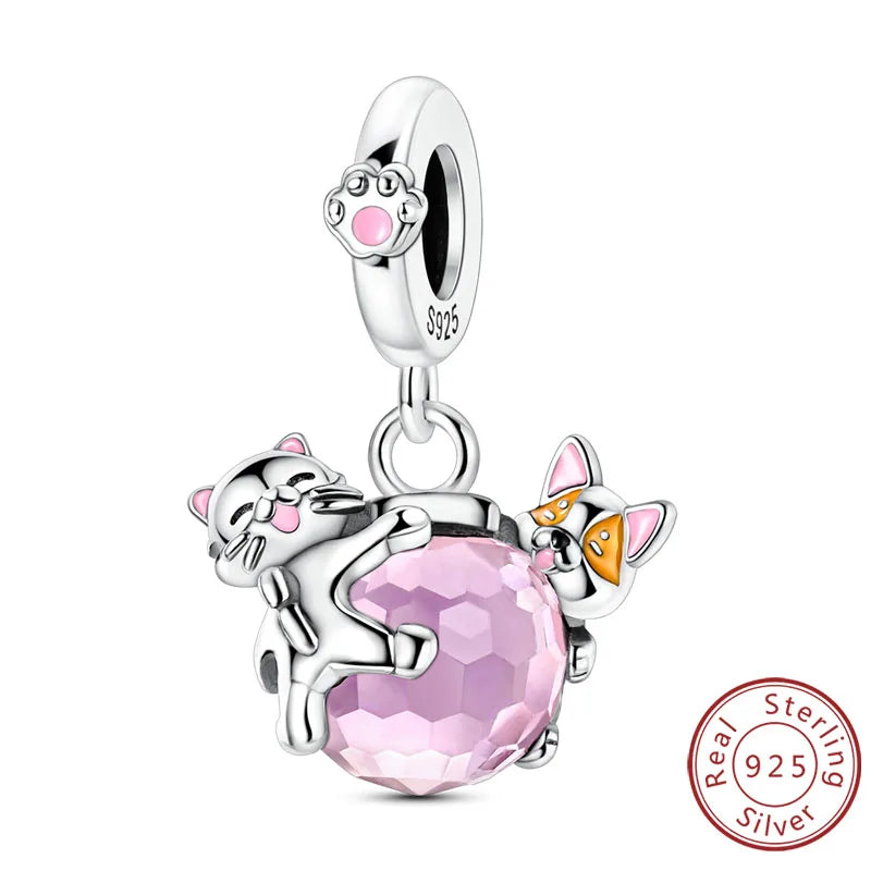 Charms 925 Sterling Silver Dog Cat Paw Print Love Pets Charms Beads Fit Original Bracelets Necklaces Pendant Women DIY Jewelry