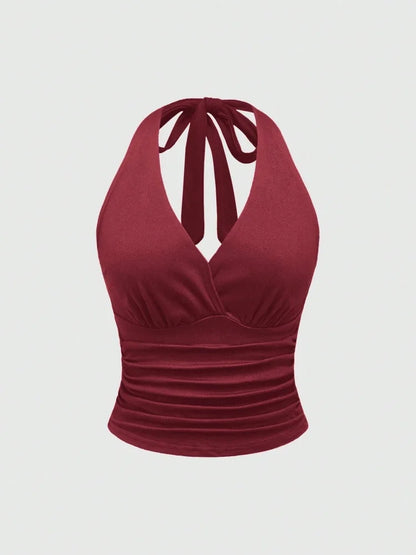 Solid V-neck Backless Halter Crop Top for Women Summer Sexy Y2K Sleeveless Ruched Top Streetwear