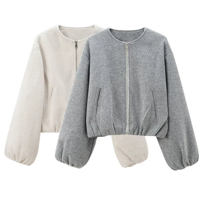 HXAO Women's Bomber Jacket Retro O Neck Soft Cropped Jacket Elastic Hem Zipper Woman Short Coats Female Outerwears 2025 Spring