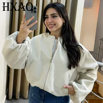 HXAO Women's Bomber Jacket Retro O Neck Soft Cropped Jacket Elastic Hem Zipper Woman Short Coats Female Outerwears 2025 Spring