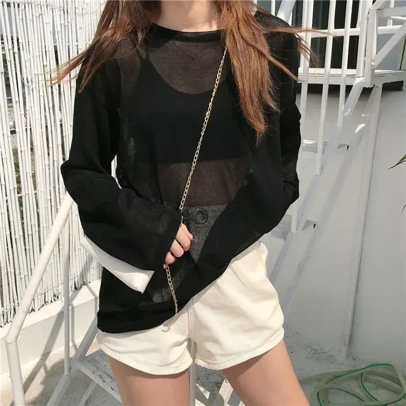 Sheer T-shirts Women Loose Korean Fashion Summer Sun-proof Leisure Clean Fit All-match Long Sleeve Breathable Lazy Ulzzang 2XL