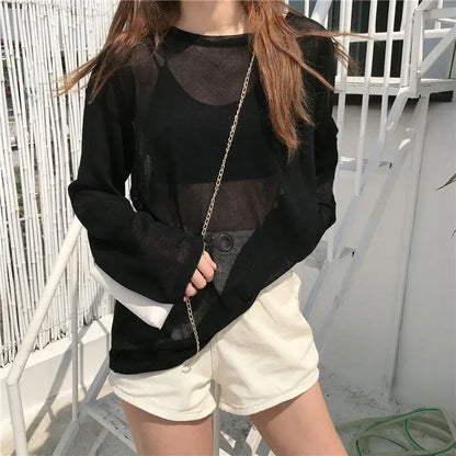 Sheer T-shirts Women Loose Korean Fashion Summer Sun-proof Leisure Clean Fit All-match Long Sleeve Breathable Lazy Ulzzang 2XL