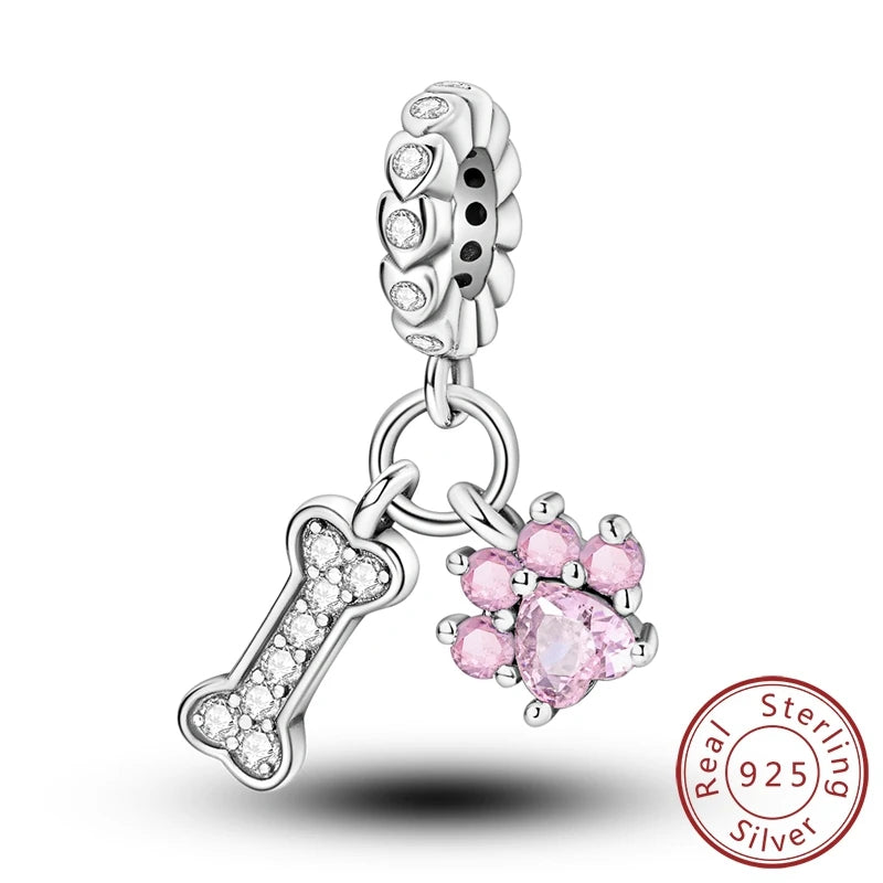 Charms 925 Sterling Silver Dog Cat Paw Print Love Pets Charms Beads Fit Original Bracelets Necklaces Pendant Women DIY Jewelry