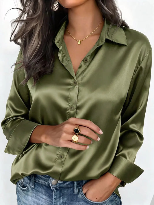 Satin Finish Long Sleeve Shirts Tops Fashion Women Single Breasted Lapel New Blouses Casual Office Lady Commute French Outwear