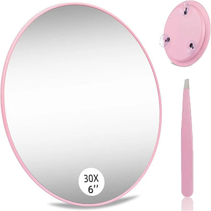 6-inch Magnification Mirror - 30X Suction Cup Mirror with Tweezers, Perfect for Travel and Home Use - Portable Handheld with 3 S