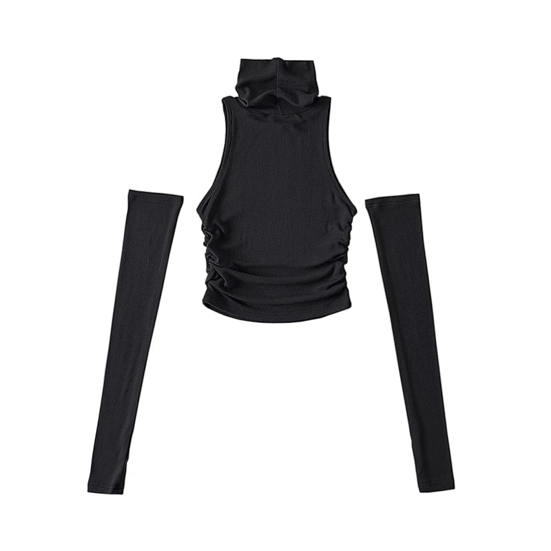 Woman Clothes Fall 2025 Tank Top Sleeve Cover Sleevless Side Pleats Turtleneck T-shirt  Sexy Ribbed Knitted Tops Y2k 2529