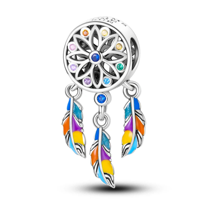 925 Silver Rainbow Flower Dragonfly Charms Dangle Charm Animal Bead Fit Original Bracelet Jewelry DIY