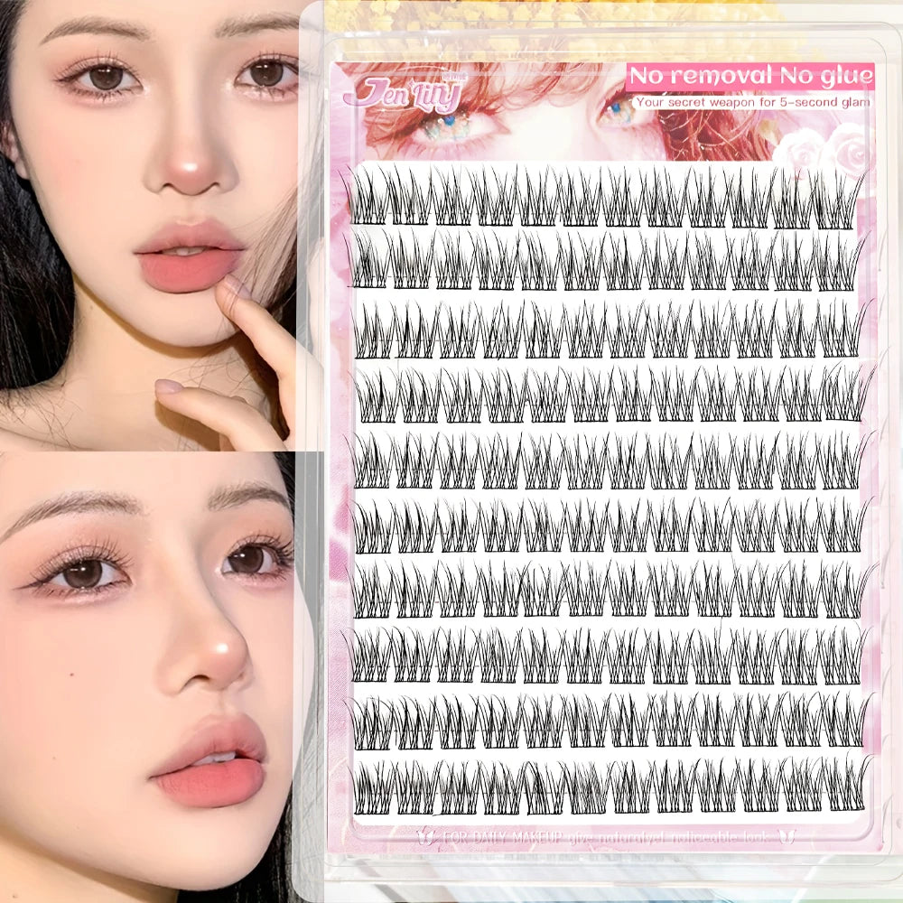110PCS No Glue Triple Fish Tail Lashes, Self-Adhesive Design, Ultra Slim Black Stem, Natural Transparent Look,
